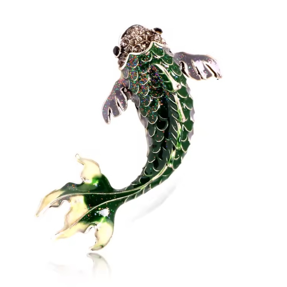 Emerald Green Fish Gold Brooch